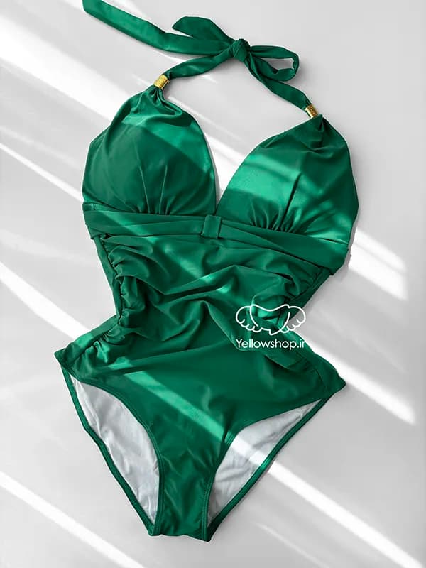 مایو یکسره زنانه بادی فرم دهنده بند گردنی گرهی سبز زمردی کد 27184