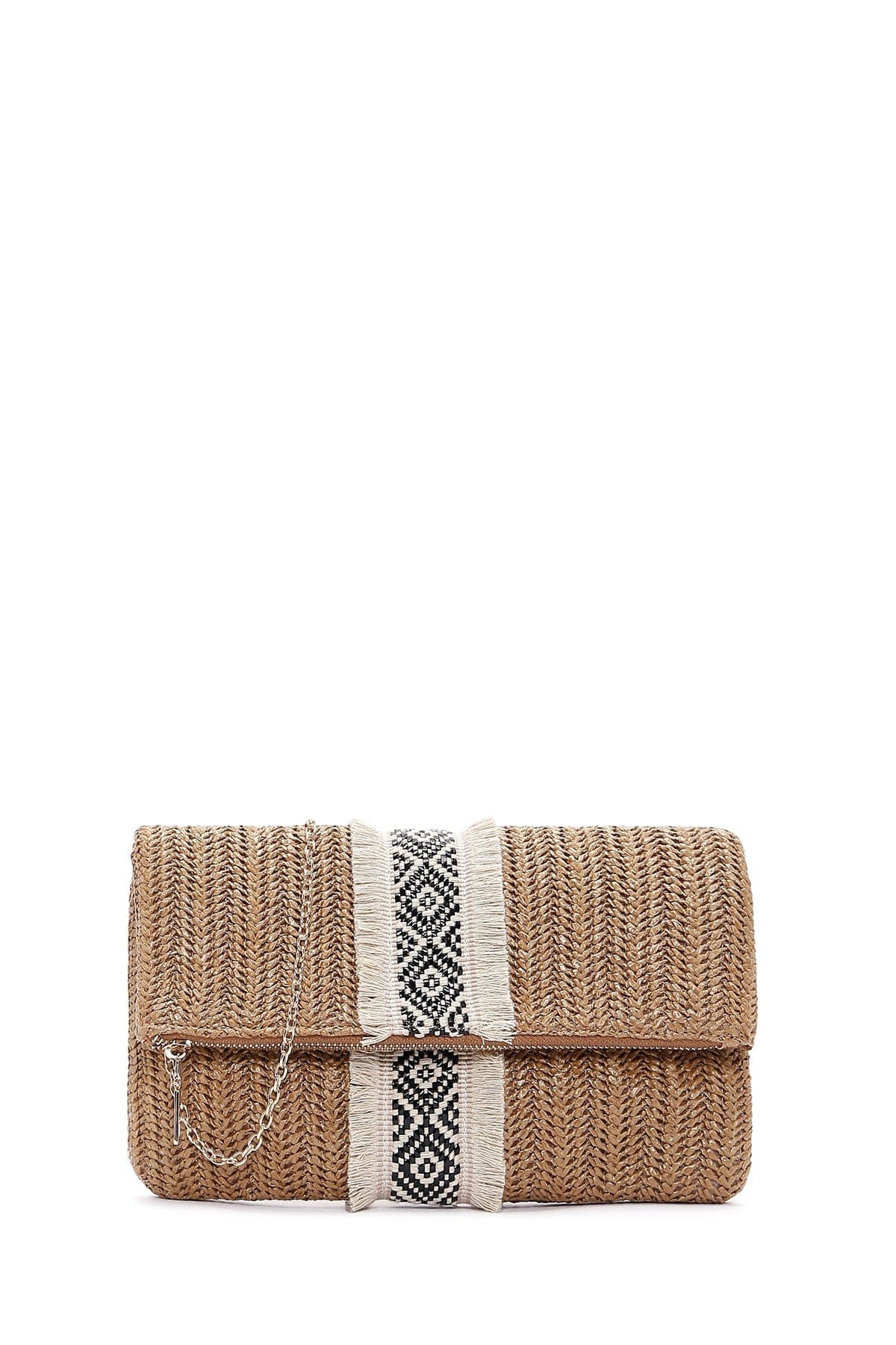 کیف دستی زنانه حصیری قهوه‌ای مینی با بند زنجیری بلند دری مد