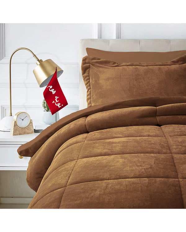 سرویس لحاف روتختی مینیمال کتان مخمل دو نفره 6 تکه نسکافه ای نوپه هوم Nopehome طرح مربع کد MKK19