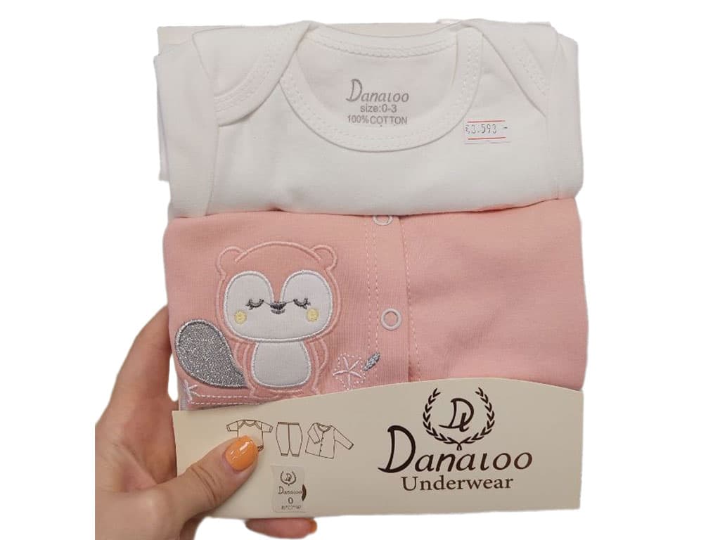 ست 3 تکه بیمارستانی نوزادی دخترانه طرح سنجاب صورتی دانالو Danaloo