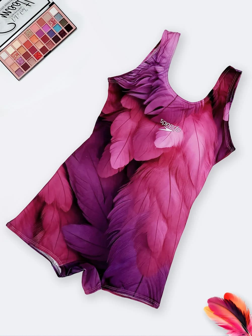 مایو زنانه پادار طرح جذاب و شیک پر صورتی و بنفش کاپدار برای استخر اسپیدو ( Speedo )