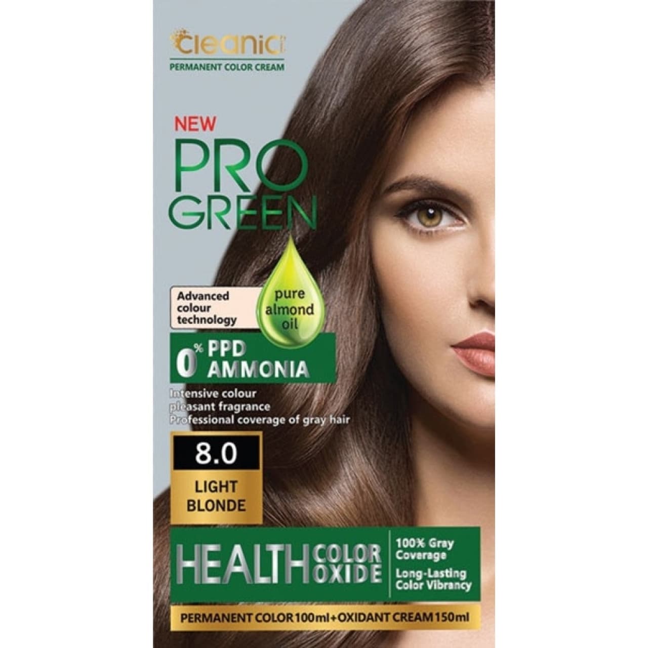 کیت رنگ موی بدون آمونیاک PRO GREEN رنگ بلوند روشن شماره 8.0 حجم 100 گرم