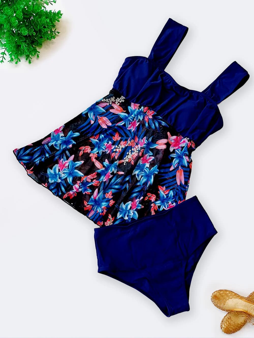 مایو زنانه دامنی توری دو تکه شلوارک دار نیمه پوشیده برای استخر برند شین ( shein ) کاپدار