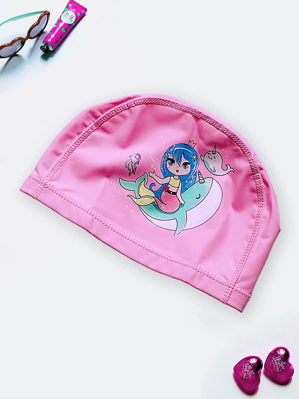کلاه شنا صورتی رنگ دخترانه بچگانه فومی طرح فانتزی پری دریایی روی نهنگ تک شاخ