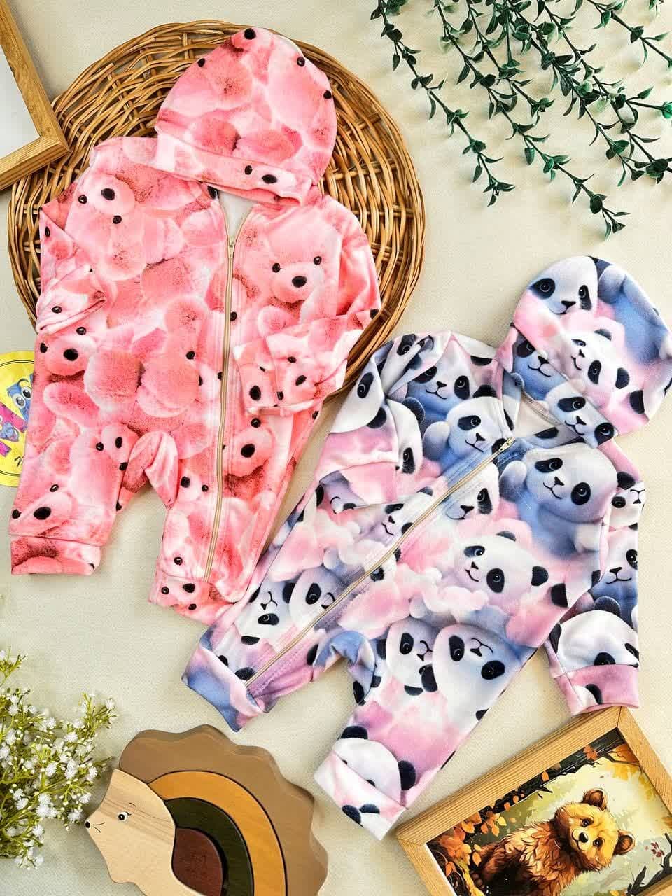 سرهمی مخمل زیپ دار طرح پاندا نوزادی و کودک کد 112069