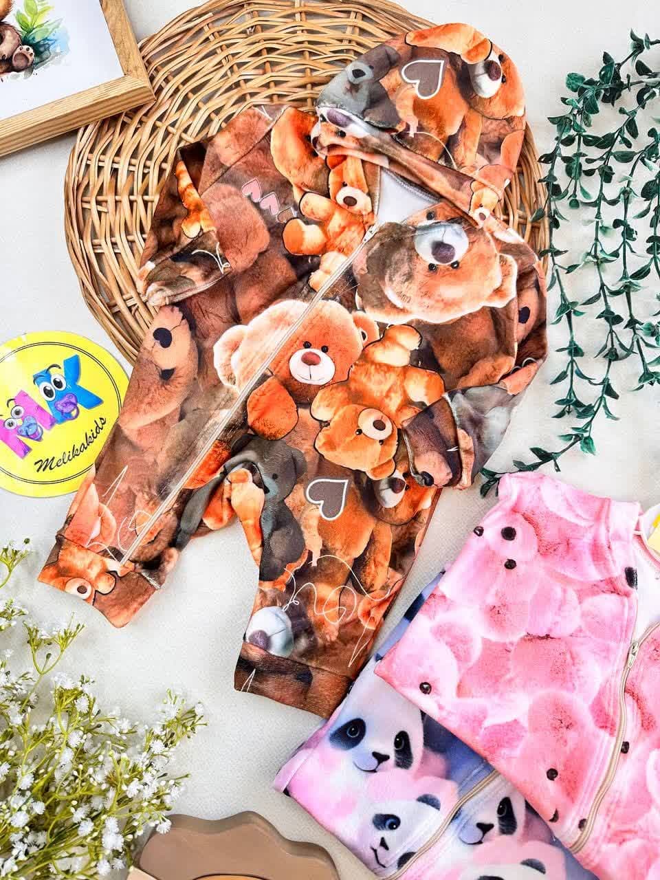 سرهمی مخمل زیپ دار طرح تدی شکلاتی نوزادی و کودک کد 112114