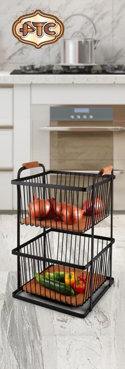 سبد سیب زمینی پیاز کروم 2 طبقه و 3 طبقه مشکی کف چوب دسته از بغل
