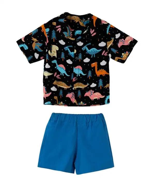 ست پیراهن آستین کوتاه و شلوارک پسرانه سرمه ای آبی پنبه سان Panbesan مدل Dinosaur