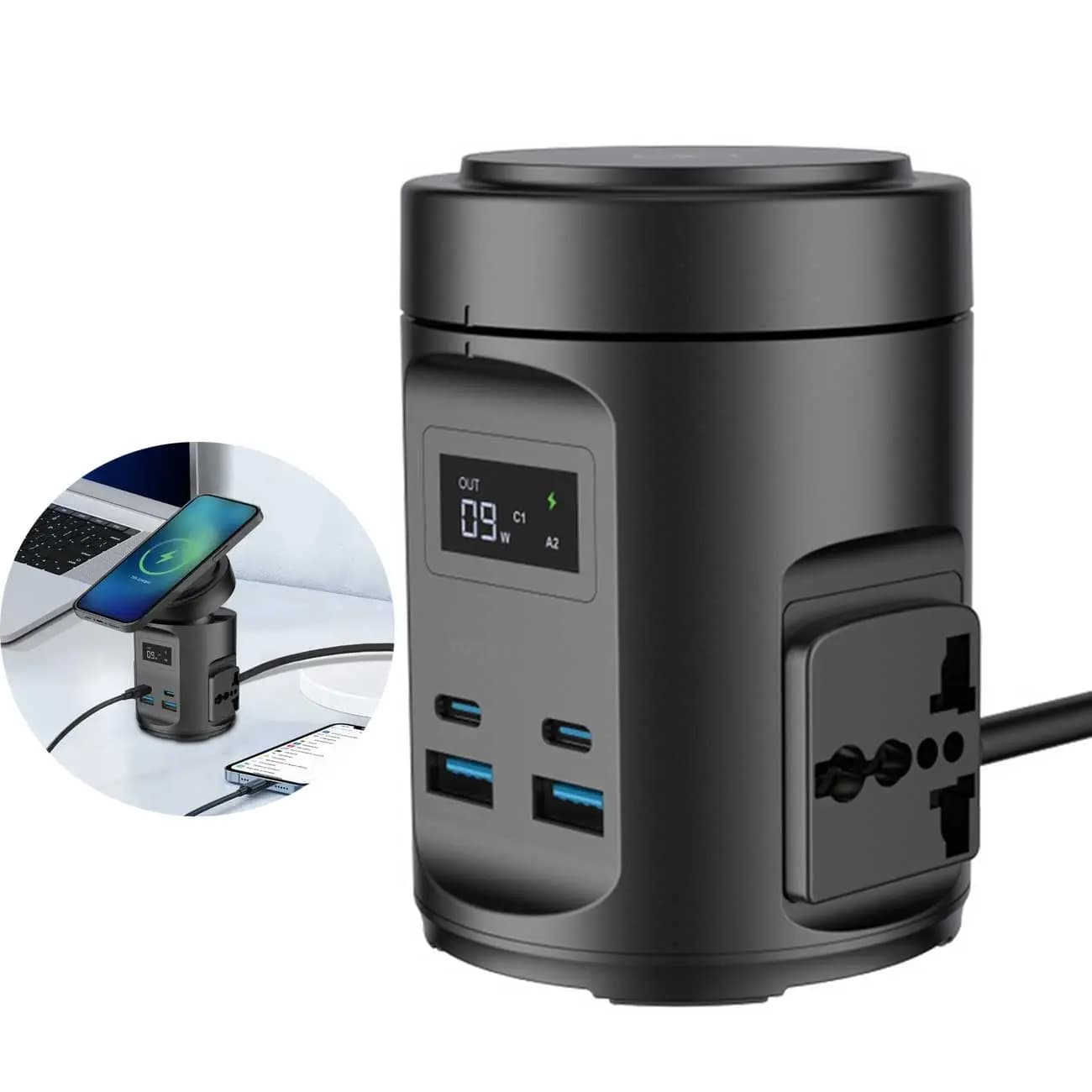 شارژر وایرلس رومیزی 15 وات و چندراهی برق 2200 وات دو یو اس بی، دو تایپ سی و دو سوکت برق پاورولوژی PWCUQC014