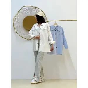 شومیز کتان مانتویی ترک یقه اکسسوری فلزی