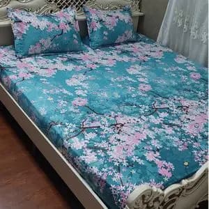 روتختی دونفره کشدوزی شده سبز فیروزه ای شکوفه گل صورتی