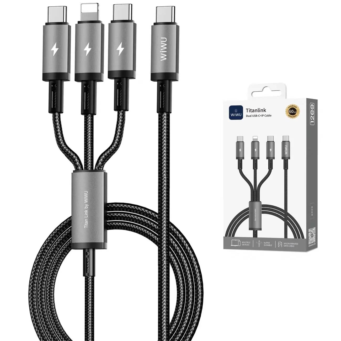 کابل شارژ چند سر تایپ‌سی به تایپ‌سی و لایتنینگ 60 وات 1.2 متری ویوو Wi-C060