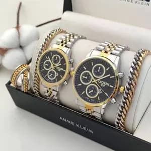 ✨ مجموعه ست ساعت سیتیزن VIP بند استیل دو رنگ – صفحه مشکی ✨