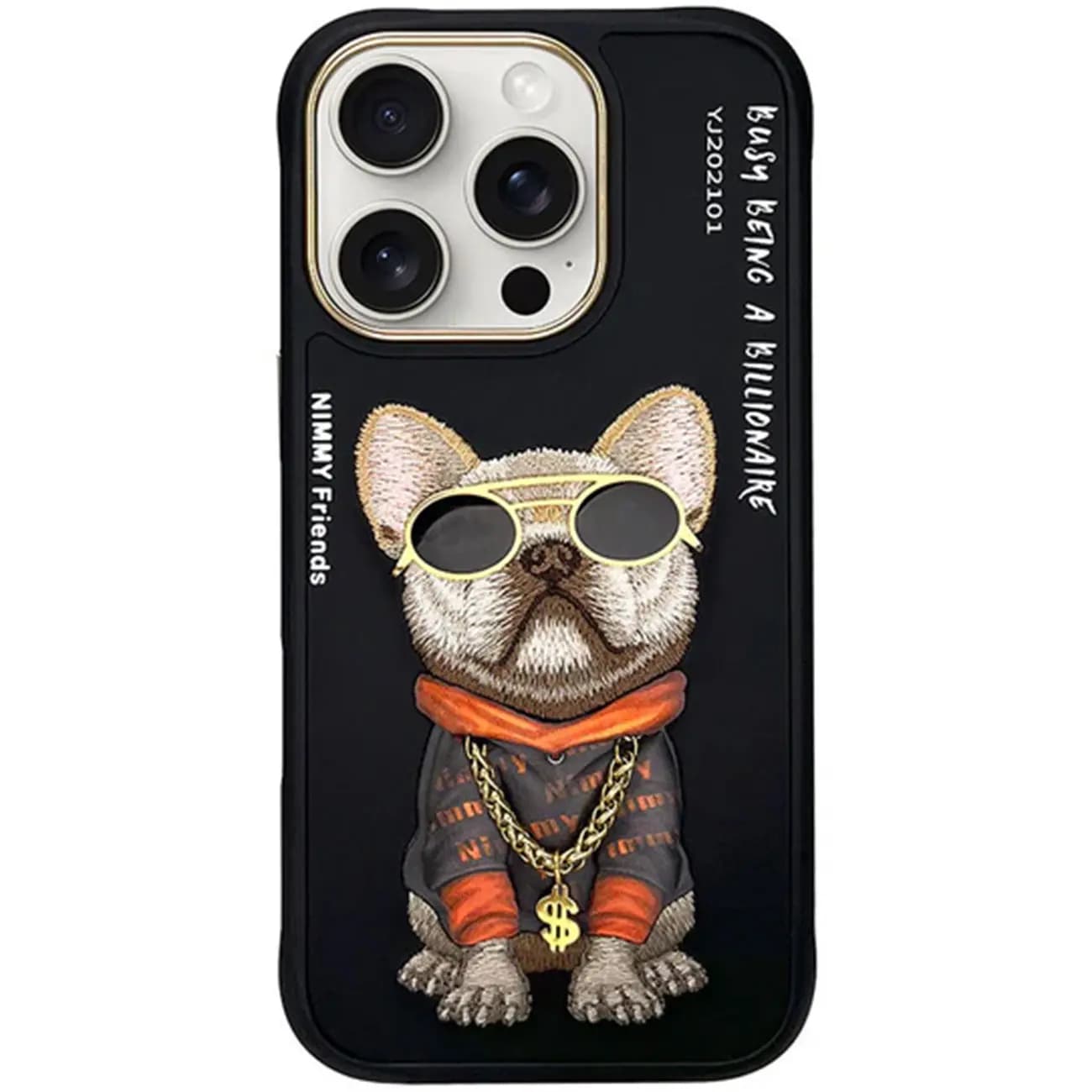 قاب گوشی آیفون 16 پرومکس طرح سگ عینکی با گردنبند واقعی و استایل بی‌نظیر نیمی YJ202101