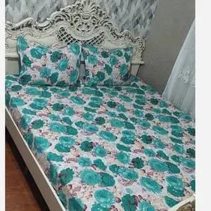 ملحفه دورتادور کشدوزی شده تخت دونفره گلدار سبز ابی