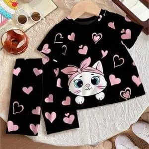 ست تیشرت و شلوارک دخترانه قلب گربه ای