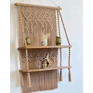 دیوارکوب شلف چوبی مکرومه بافی طرح دایان