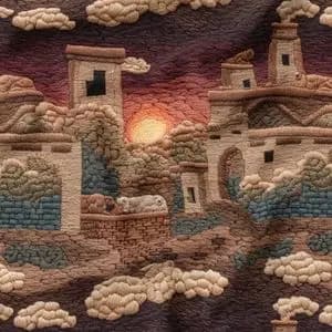 پارچه مخمل روبالشی پارچه باما طرح سه بعدی شهر کویری کد 5014098