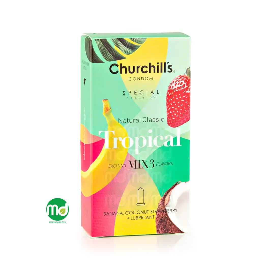 کاندوم ساده چرچیلز با اسانس موز، توت و نارگیل 12 عددی