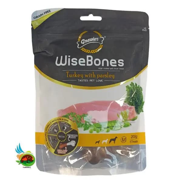 تشویقی استخوان سگ نژاد متوسط گناولرز طعم بوقلمون و جعفری Gnawlers turkey with parsley بسته ۵ عددی