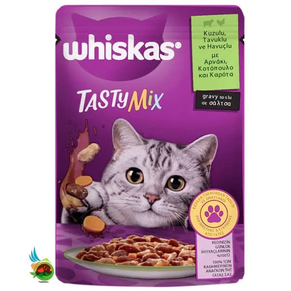 پوچ گربه ویسکاس تیستی میکس با طعم گوشت بره، مرغ و هویج در سس وزن 85 گرم