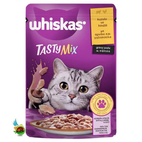 پوچ گربه بالغ ویسکاس طعم بره و بوقلمون در سس Whiskas with lamb & turkey in gravy وزن ۸۵ گرم