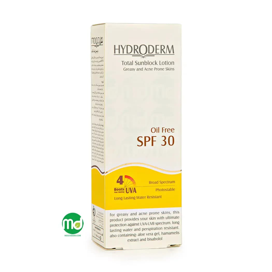 لوسیون ضد آفتاب بی رنگ هیدرودرم پوست چرب و جوش دار SPF 30