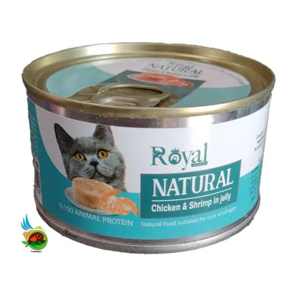 کنسرو نچرال گربه رویال کوکو طعم مرغ و میگو در ژله Royal coco chicken & shrimp in jelly وزن ۲۲۰ گرم