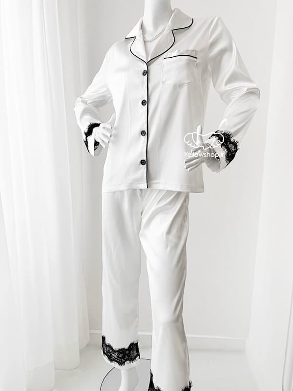 ست لباس خواب ساتن بلوز و شلوار زنانه سفید EMA اما کد 27061