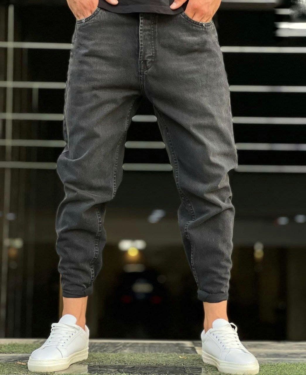 شلوار جین مام فیت زغالی مردانه پارچه کجراه کد 4654529