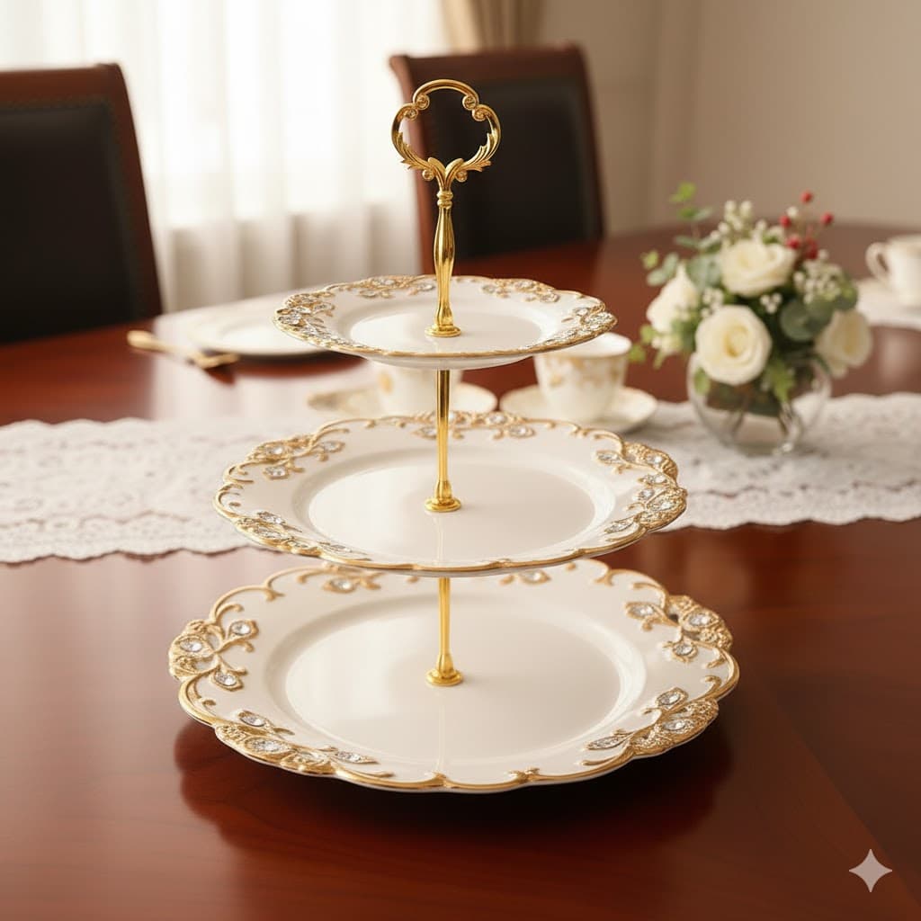 شیرینی خوری سه طبقه سرامیک طلایی یونیک کد 1671