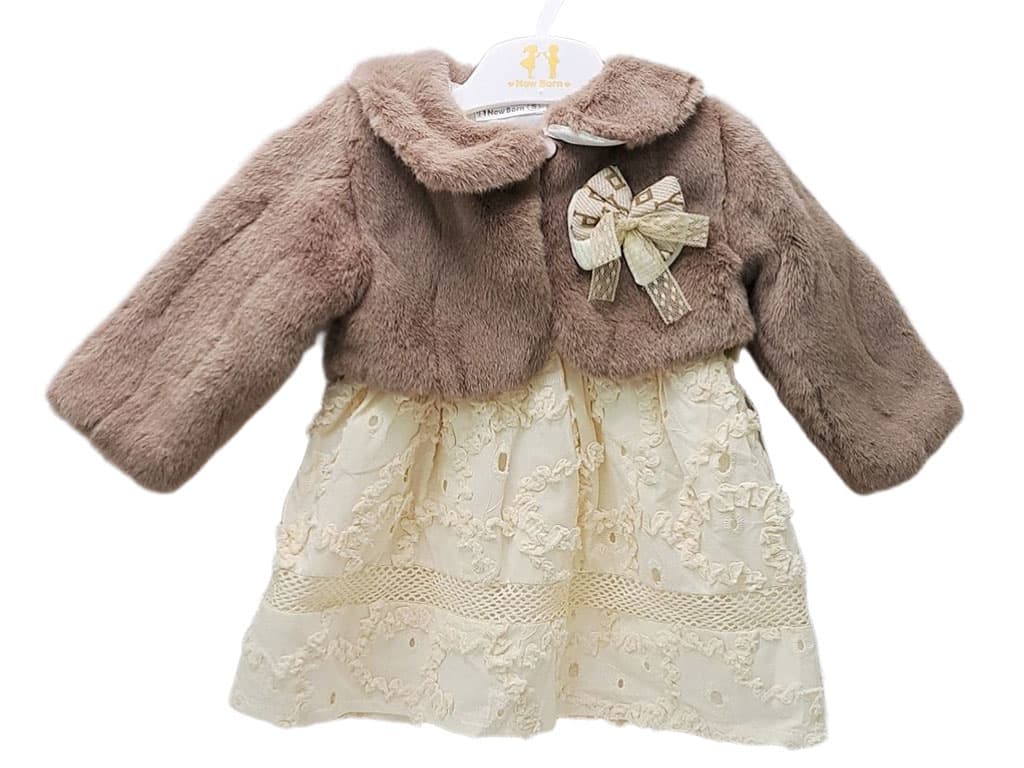 سارافون و کت نوزادی دخترانه رنگ نباتی دانتل دوزی شده