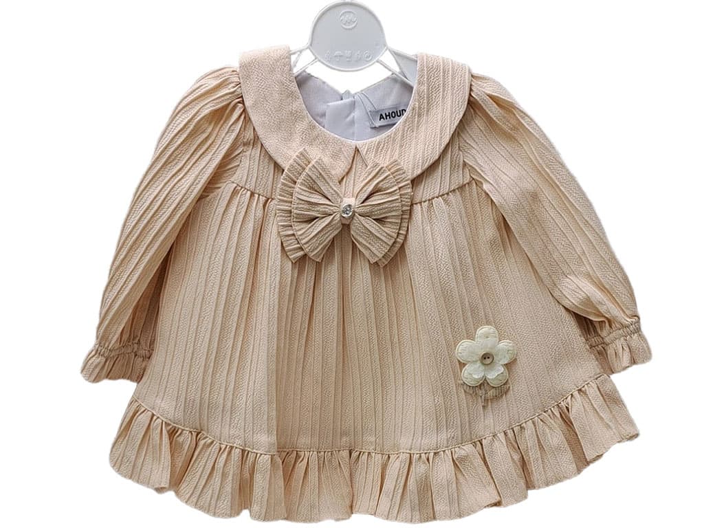 پیراهن آستین بلند دخترانه یقه ب.ب رنگ کرم طرح پاپیون و گل