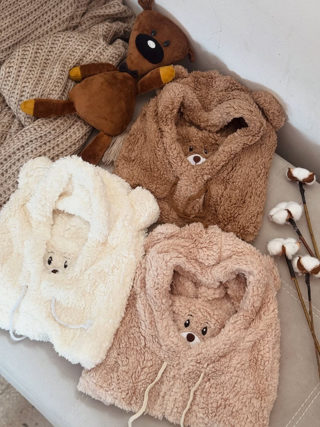 کلاه ماسک شالگردن سرهم بچگانه طرح تدی جنس تدی در سه رنگ سفید قهوه ای و کرم