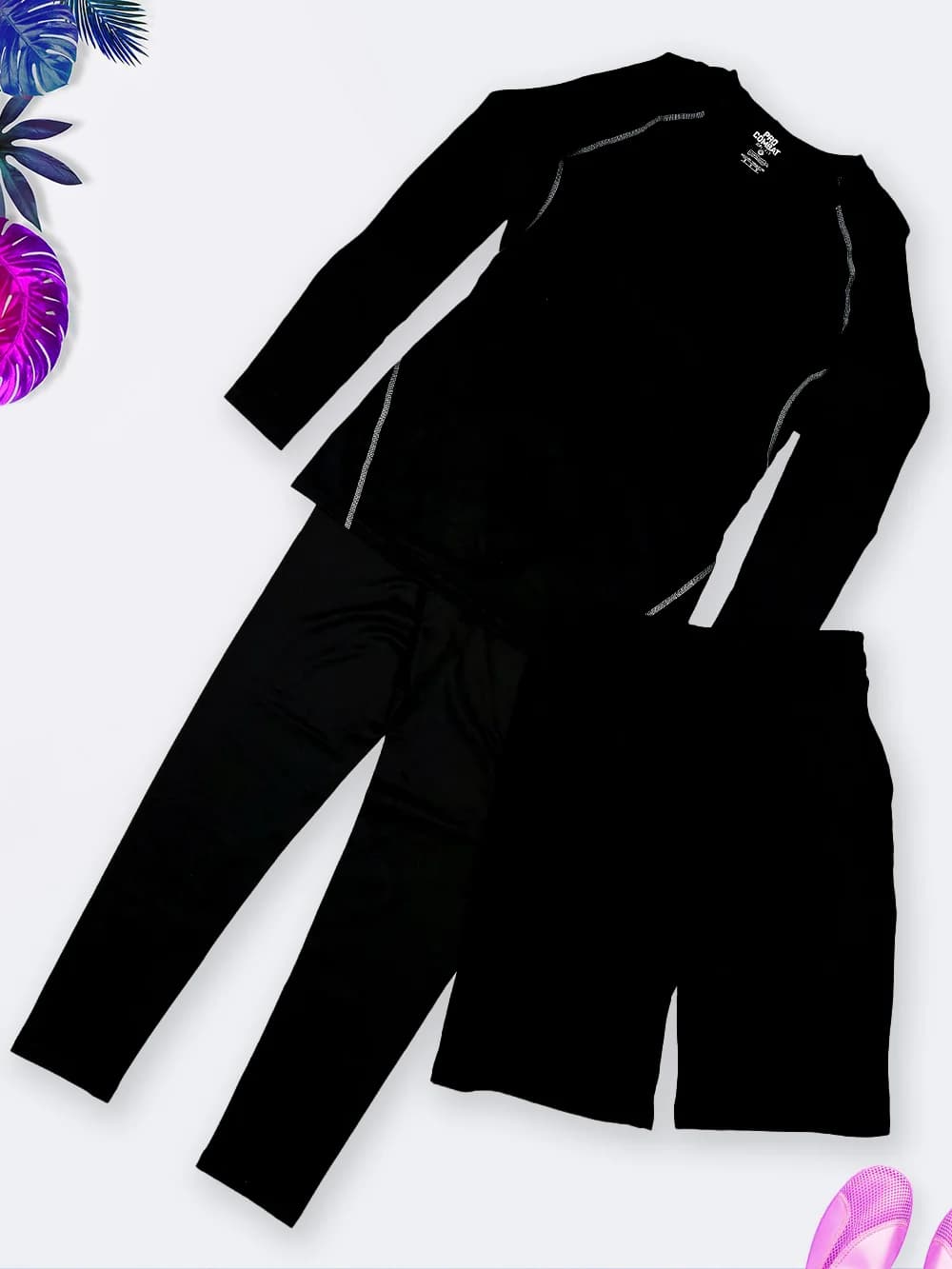 لباس مایو شنا زنانه پوشیده اسلامی سه تیکه بلوز مایویی آستین بلند شلوار دار و شلوارک دار مشکی