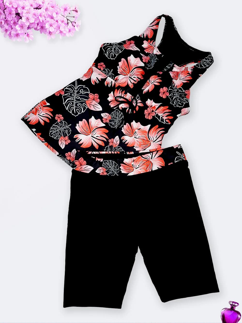 مایو زنانه دو تیکه شلوارک دار بلند نیمه پوشیده با کاپ متحرک به رنگ مشکی و طرح گل