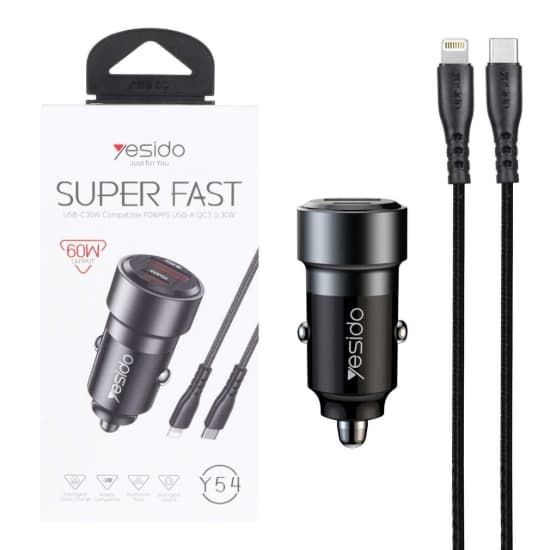 شارژر فندکی 60 وات دو پورت یسیدو مدل Y54 به همراه کابل USB-C به لایتینگ