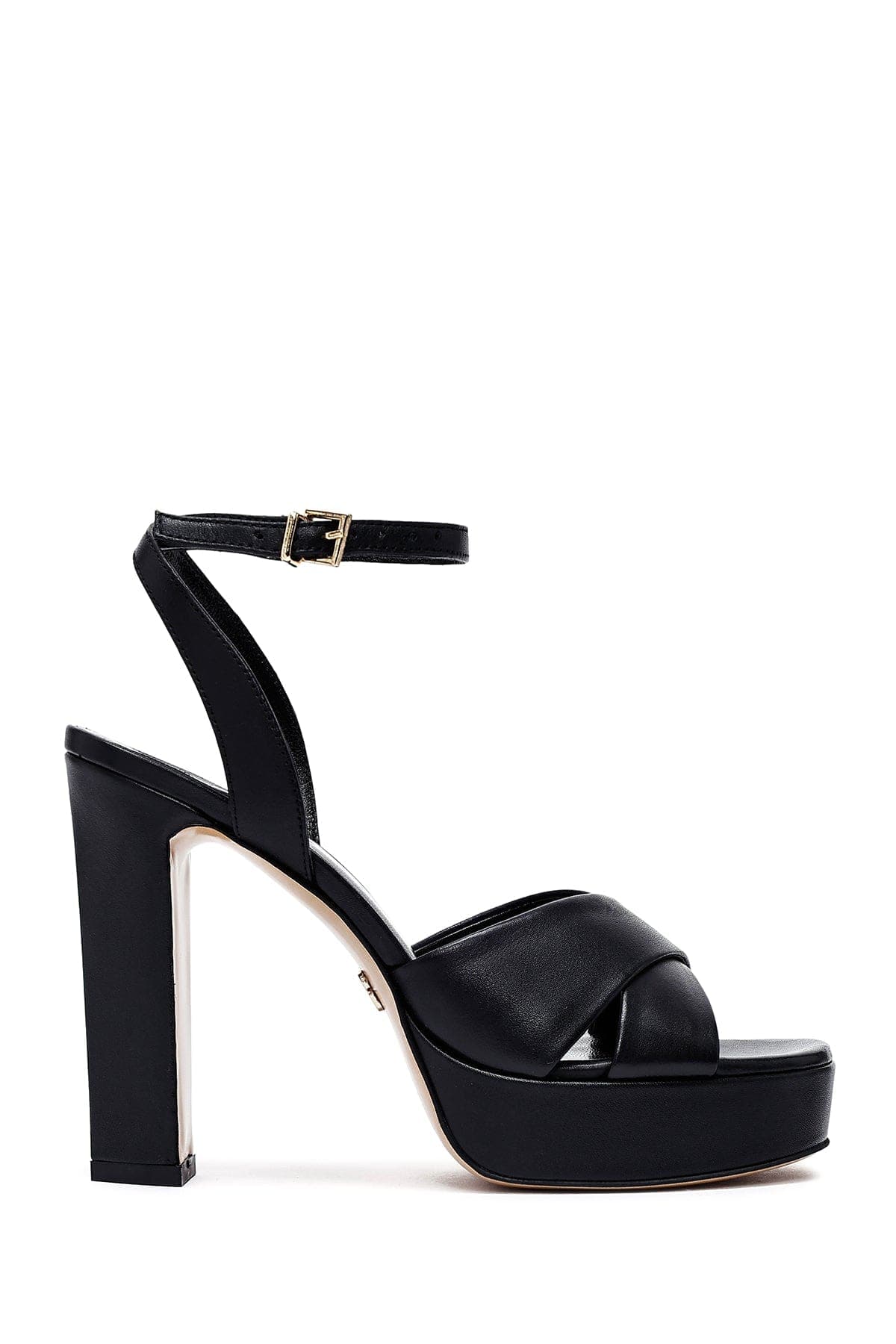 صندل زنانه مشکی چرم بنددار پلتفرم پاشنه‌ضخیم بلند دری مد