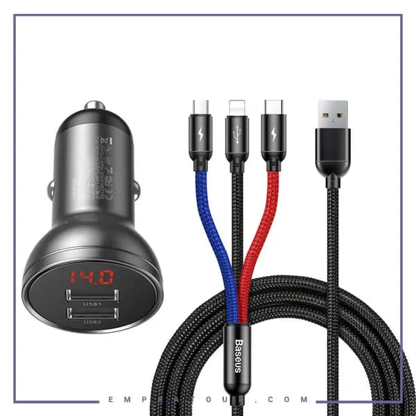 شارژر فندکی دوپورت همراه با کابل سه سر بیسوس Baseus Car Charger Suit Digital Display 4.8A TZCCBX-0G