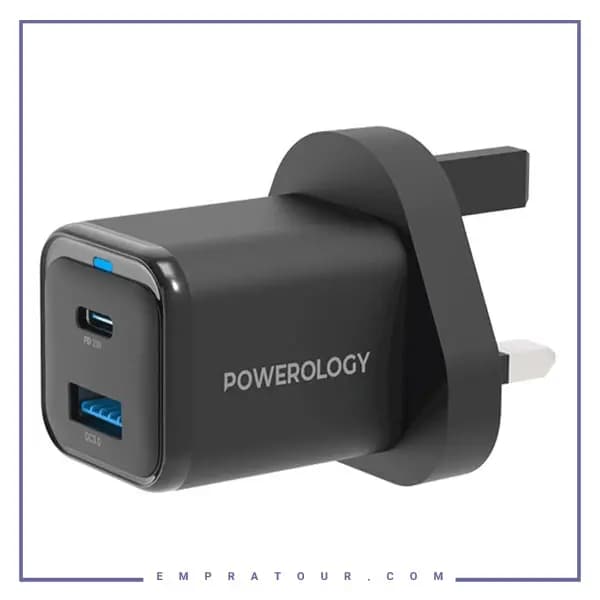 آداپتور شارژ 2 پورت 35 وات با کابل دو سر تایپ سی پاورولوژی Powerology Super Compact Quick Charger PWCUQC023-C