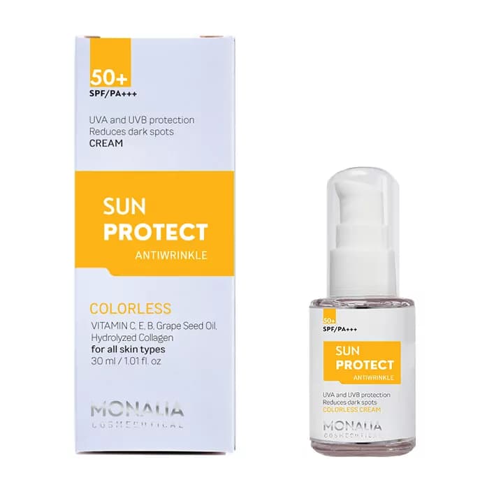 کرم ضد آفتاب بی‌‌‌رنگ مونالیا، 50 SPF، مدل SUNPROTECT، مناسب انواع پوست با حجم 30 میلی‌لیتر، محافظت‌کننده در برابر اشعه‌های UVA و UVB، ضد آب، PA+++، ضد چروک، دارای فرمولاسیون کلاژن، ویتامین‌های E، C و B، بدون پارابن، الکل و چربی، با ماندگاری 3 ساعته
