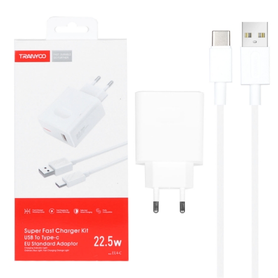 شارژر دیواری 22.5 وات فست شارژ تک پورت ترانیو مدل EU4-C همراه با کابل Type-C
