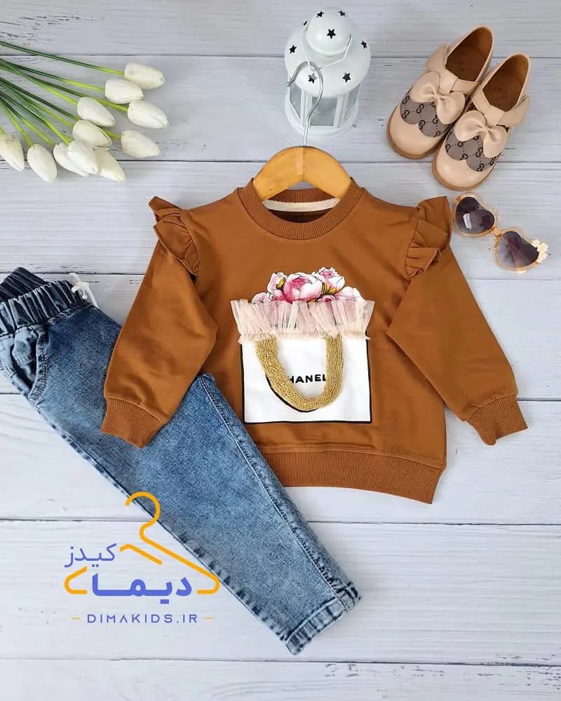 بلوز دورس قهوه ای طرح سبد گل چنل