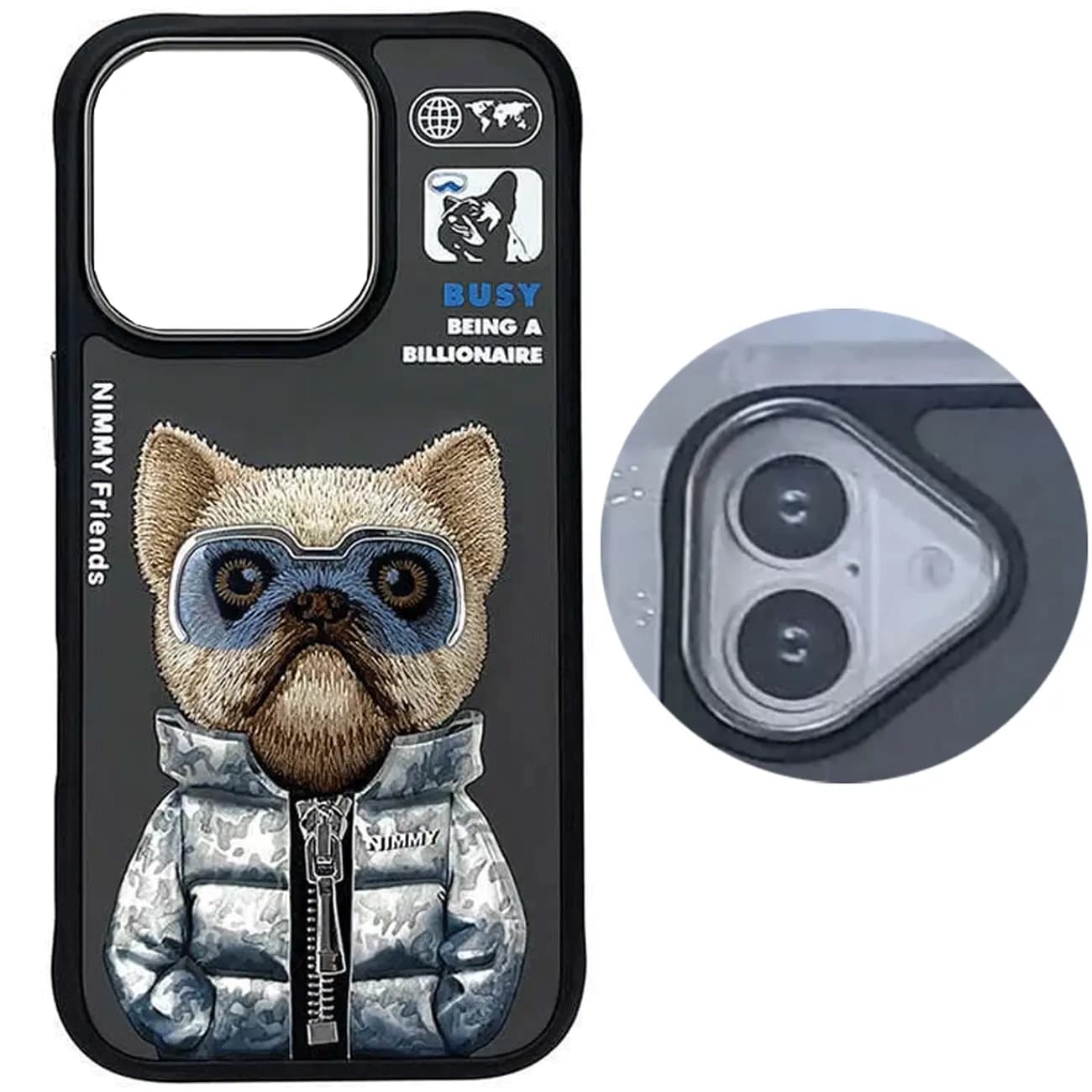 قاب محافظ گوشی آیفون 16 طرح سگ با عینک و زیپ واقعی نیمی Embroidery