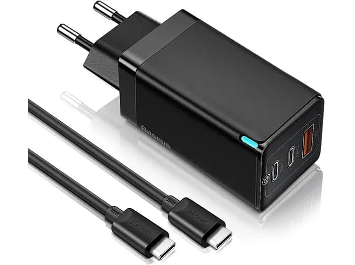 شارژر دیواری سریع سه پورت و کابل تایپ سی بیسوس Baseus CCGaN65E5 GaN5 Pro 65W Charger