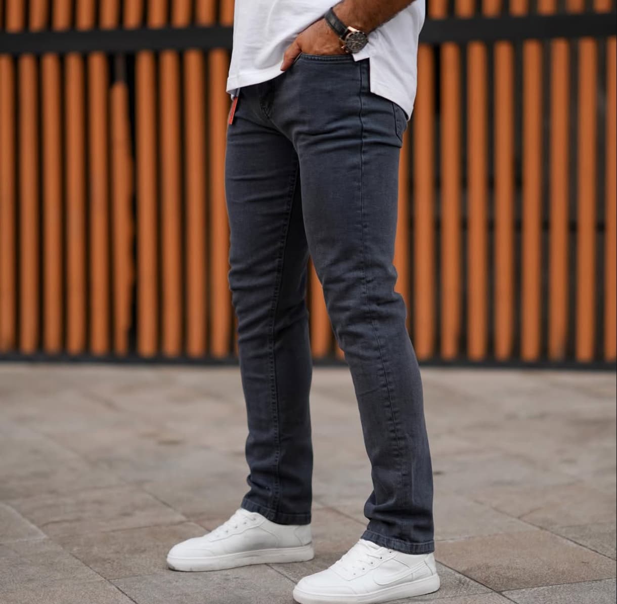 شلوار راسته رگولار مردانه ذغالی پارچه جین پنبه کش درجه یک