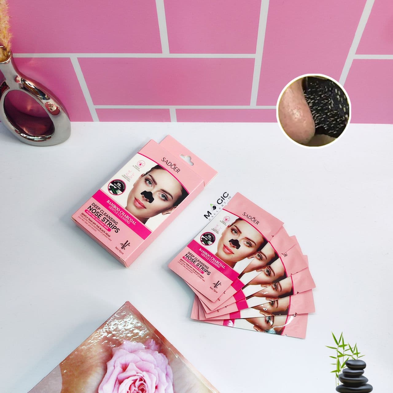 ماسک جوش سرسیاه بینی سادور مدل ذغال بامبو پک ۶ عددی Sadoer Nose Strips Bamboo Charcoal 6pcs ‌