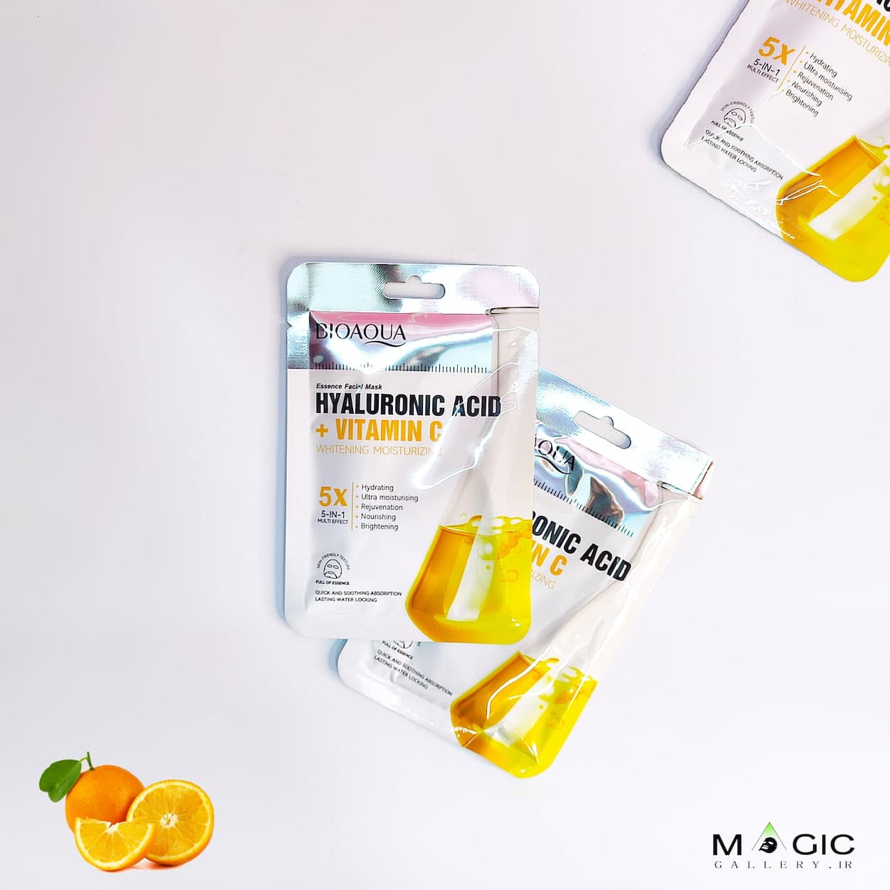 ماسک ورقه‌ای هیالورونیک اسید و ویتامین C بیوآکوا | آبرسان و روشن‌ کننده پوست