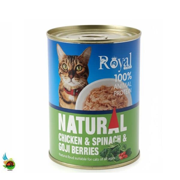 کنسرو نچرال گربه رویال کوکو طعم مرغ، اسفناج و گوجی بری Royal coco chicken and spinach وزن ۳۸۰ گرم
