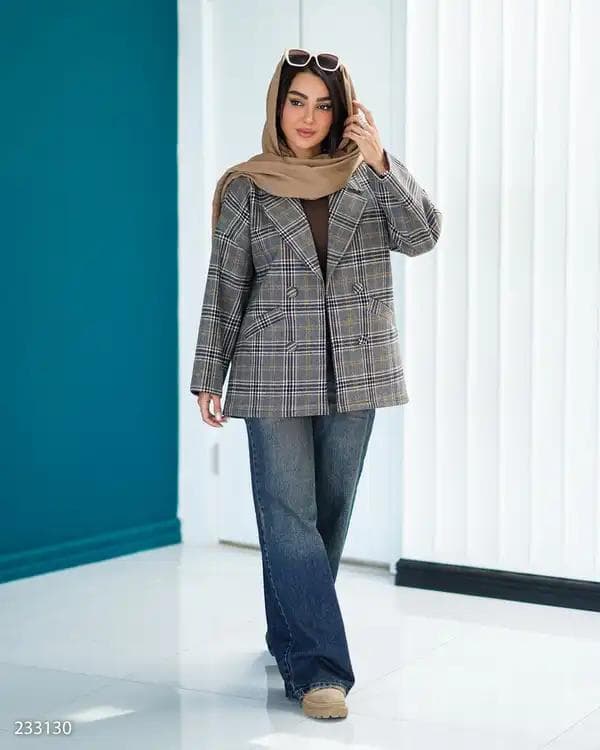 پالتو زنانه خردلی مدل چهارخانه مدیا السانا Elsana کد 2331